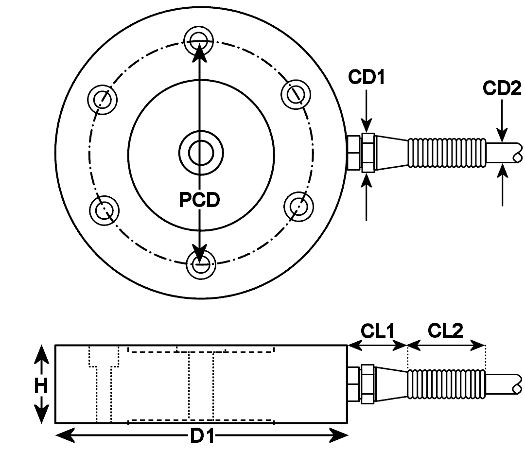 dimensional drawing of  RLU Tension/Compression Universal Load Cell 