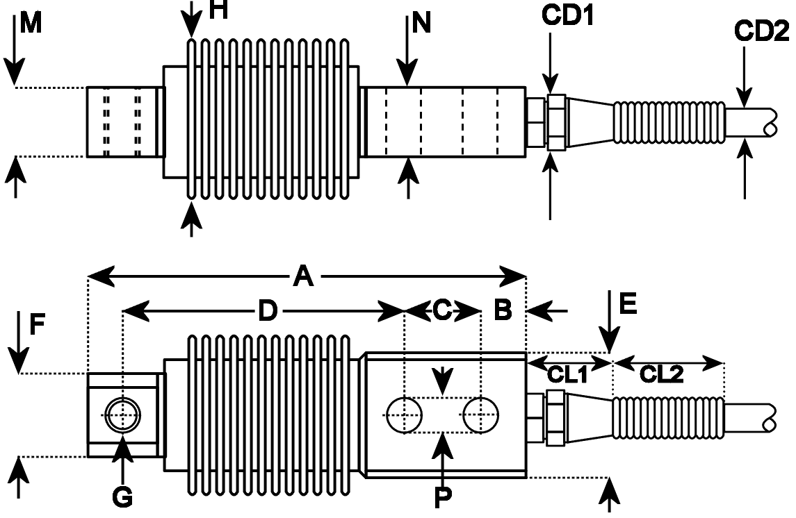 dimensional drawing of  RLW Industrial Weighing Compression Load Cell 