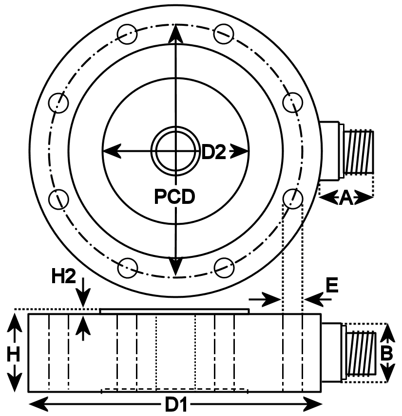 dimensional drawing of  Model  45  Tension/Compression Universal Load Cell 